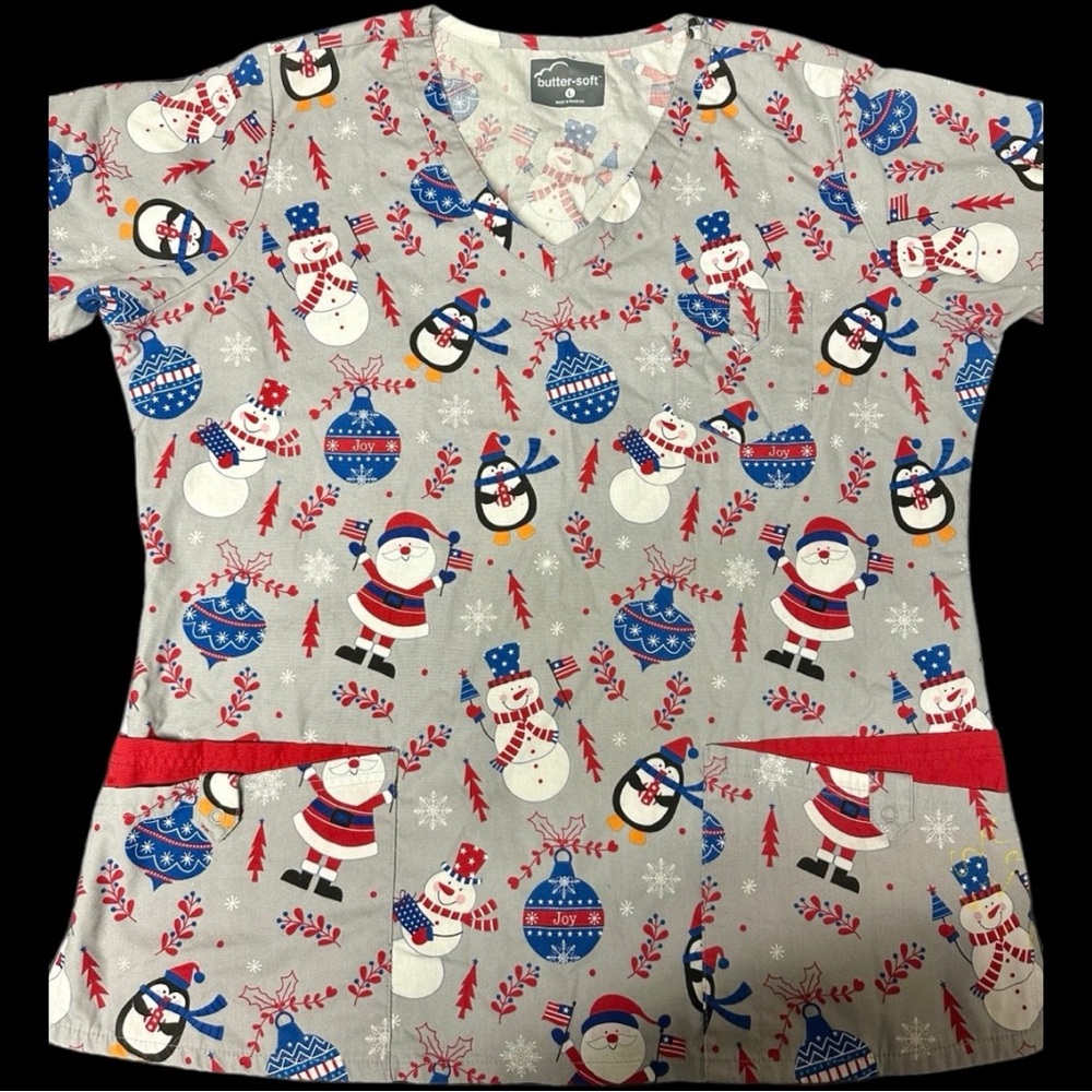 Patriotic Butter-Soft Scrub Top Snowman Penguins Santa Women’s Size Large
